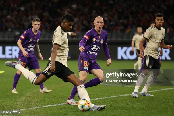 Marcus Rashford of Manchester United shoots on goal during the match between the Perth Glory and Manchester United at Optus Stadium on July 13, 2019...