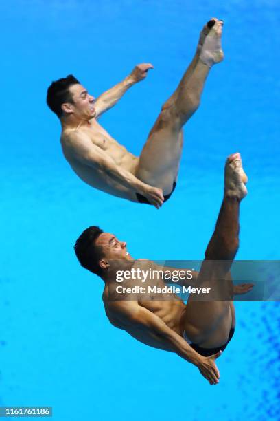 Yahel Castillo Huerta and Juan Manuel Celaya Hernandez of Mexico compete in the Men's 3m Synchro Springboard Final on day two of the Gwangju 2019...