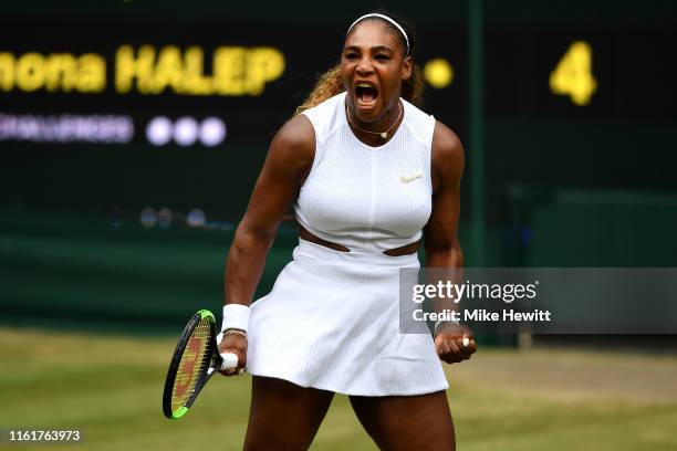 Serena Williams of The United States celebrates in her Ladies' Singles final against Simona Halep of Romania during Day twelve of The Championships -...