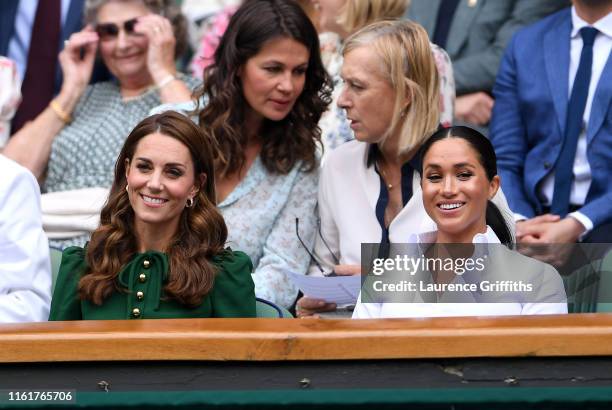 Catherine, Duchess of Cambridge and Meghan, Duchess of Sussex attend the Royal Box during Day twelve of The Championships - Wimbledon 2019 at All...