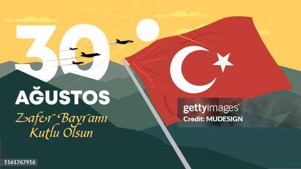 ilustraciones, imágenes clip art, dibujos animados e iconos de stock de 30 de agosto día de la victoria tarjeta de felicitación de pavo. - bandera turca