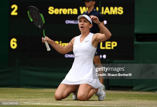 Simona Halep of Romania celebrates championship point in her Ladies' Singles final against Serena Williams of The United States during Day twelve of...