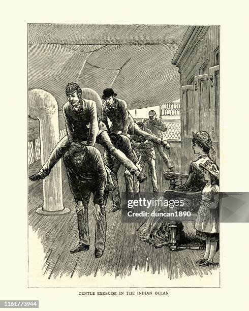 victorian steamship passengers playing leapfrog on deck, 19th century - leapfrog stock illustrations