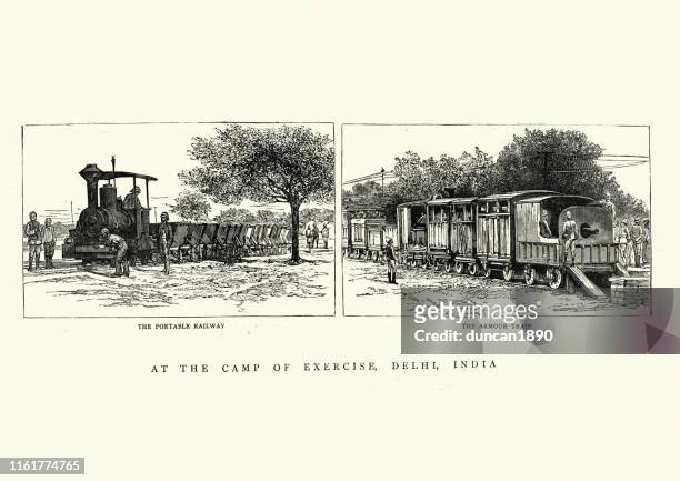 stockillustraties, clipart, cartoons en iconen met militaire draagbare trein en gepantserde trein, 19e eeuw - rail freight