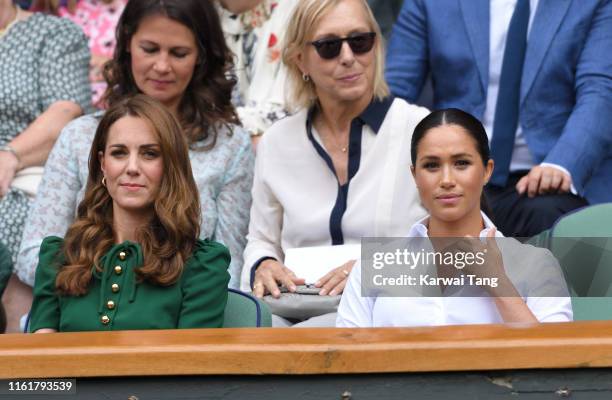 Catherine, Duchess of Cambridge and Meghan, Duchess of Sussex attend the Women's Singles Final of the Wimbledon Tennis Championships at All England...