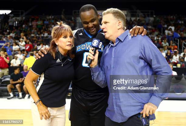 Michael Rapaport interviews Glen 'Big Baby' Davis and head coach Nancy Lieberman of the Power after their game against the Ghost Ballers during week...