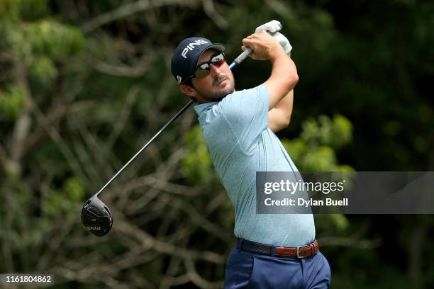 Andrew Landry plays his shot from the second tee during the third round of the John Deere Classic at TPC Deere Run on July 13, 2019 in Silvis,...