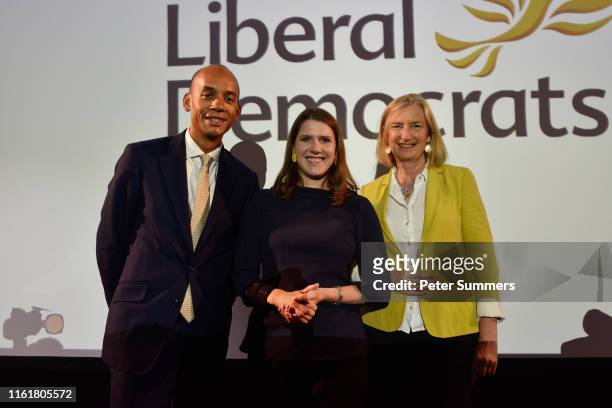 Jo Swinson, leader of the Liberal Democrats poses with fellow Lib Dems, former Tory MP Sarah Wollaston and Chuka Umunna MP on August 15, 2019 in...