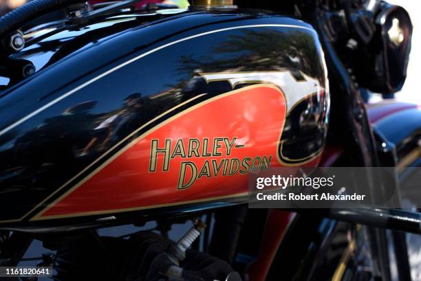 Harley-Davidson motorcycle on display at a Fourth of July classic car show in Santa Fe, New Mexico.
