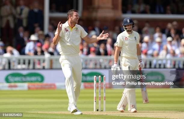 Josh Hazlewood of Australia appeals and dismisses Joe Root of England during the second day of the second Specsavers test match between England and...