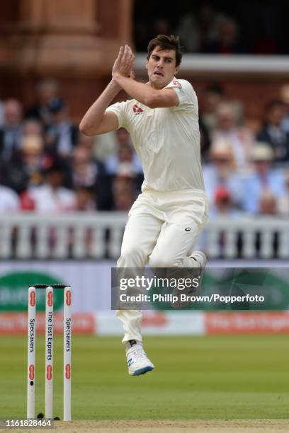 Pat Cummins of Australia bowls during the second day of the second Specsavers test match between England and Australia at Lord's on August 15, 2019...