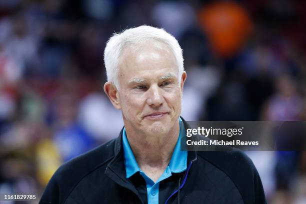 President Mitch Kupchak of the Charlotte Hornets looks on during the 2019 Summer League at the Thomas & Mack Center on July 10, 2019 in Las Vegas,...