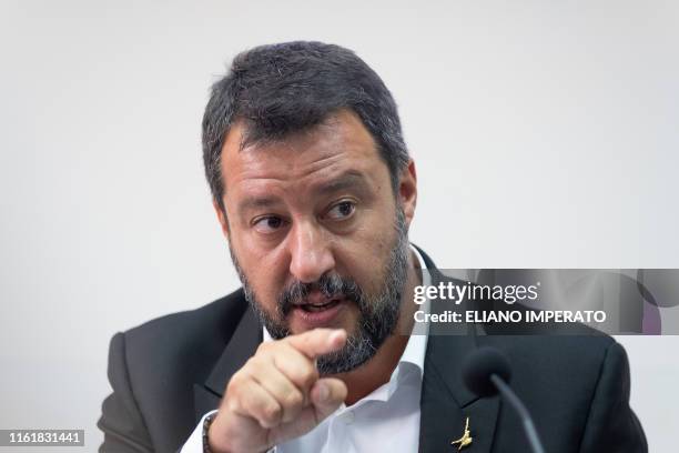 Italy's Interior Minister and deputy Prime Minister Matteo Salvini gestures during a press conference after the National Committee for Order and...