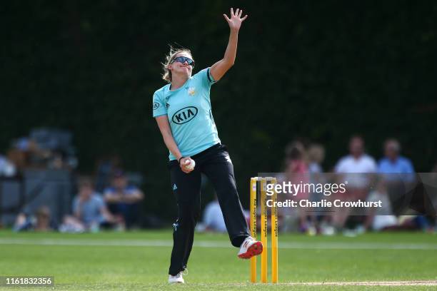 Laura Marsh of Surrey Stars bowls during the Kia Super League match between Surrey Stars and Loughborough Lightning at Guildford Cricket Club on...
