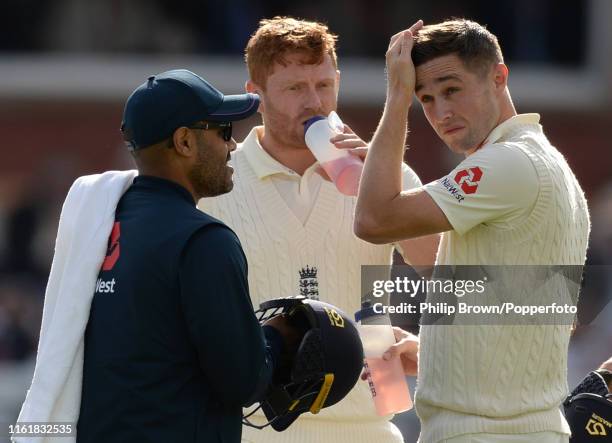 Chris Woakes of England after being hit on the helmet during the second day of the second Specsavers test match between England and Australia at...