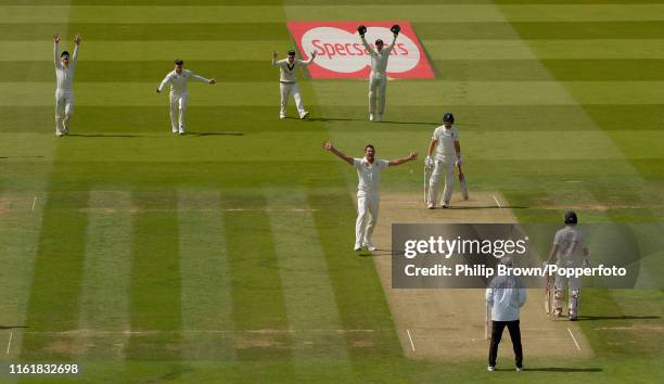 Josh Hazlewood of Australia appeals and dismisses Joe Root of England during the second day of the second Specsavers test match between England and...