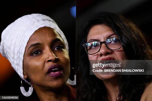 This combination of pictures created on August 15, 2019 shows Democrat US Representatives Ilhan Abdullahi Omar and Rashida Tlaib during a press...