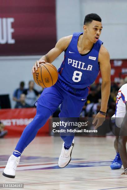 Zhaire Smith of the Philadelphia 76ers in action against the Detroit Pistons during the 2019 Summer League at the Cox Pavilion on July 10, 2019 in...