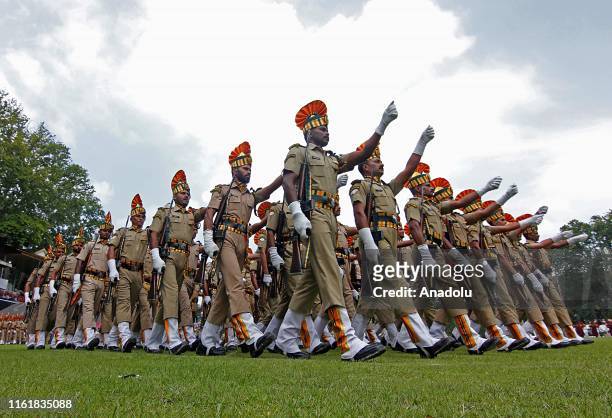 Indian soldiers parade during the official celebration of India's Independence day in Srinagar,Kashmir on August 15, 2019. Restrictions continues as...