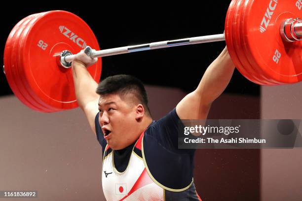 Eishiro Murakami of Japan competes in the Men's +109kg on day two of the Ready Steady Tokyo - Weightlifting, Tokyo 2020 Olympic Games test event at...