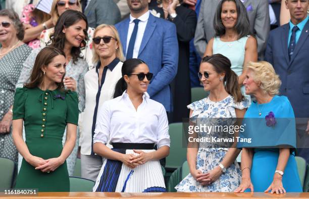 Catherine, Duchess of Cambridge, Meghan, Duchess of Sussex, Pippa Middleton and Gill Brook in the Royal Box on Centre Court during day twelve of the...