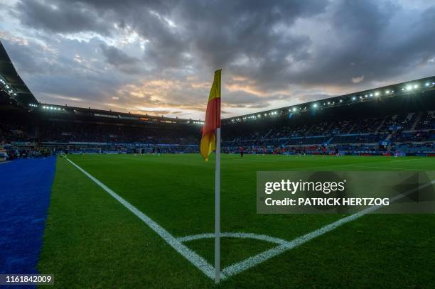 The sun sets before the UEFA Europa League preliminary round football match between Strasbourg and Lokomotiv Plovdiv, at the Meinau Stadium in...