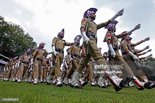 Indian soldiers parade during the official celebration of India's Independence day in Srinagar,Kashmir on August 15, 2019. Restrictions continues as...