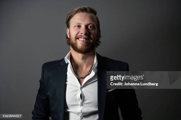 David Pastrnak of the Boston Bruins poses for a portrait during the NHL European Media Tour on August 15, 2019 in Stockholm, Sweden.