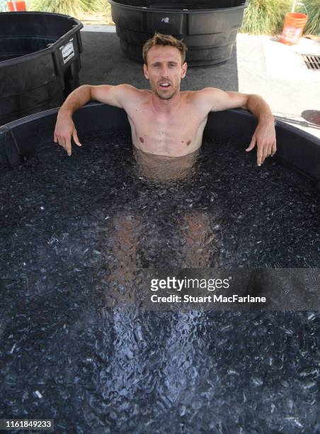 Arsenal's Nacho Monreal takes an ice bath after a training session at the Loyola Marymount University on July 13, 2019 in Los Angeles, California.