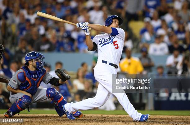 Corey Seager of the Los Angeles Dodgers bats during Game 1 of the NLDS against the New York Mets at Dodger Stadium on Friday, October 9, 2015 in Los...