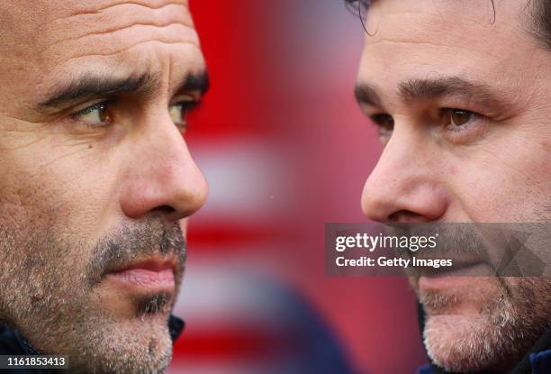 In this composite image a comparison has been made between Pep Guardiola, manager of Manchester City and Mauricio Pochettino, Manager of Tottenham...