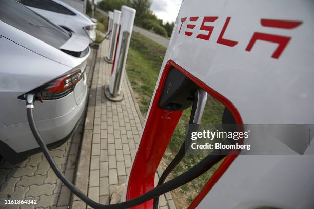 Tesla Inc. Model X electric automobile sits parked at a supercharger in Nempitz near Leipzig, Germany, on Thursday, Aug. 15, 2019. In Europe, Tesla...