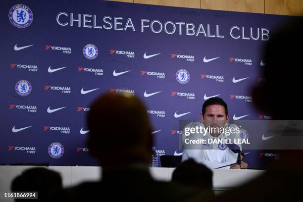 Chelsea's English manager Frank Lampard gives a press conference at Chelsea's Cobham Training Centre in Stoke DAbernon, south of London, on August...