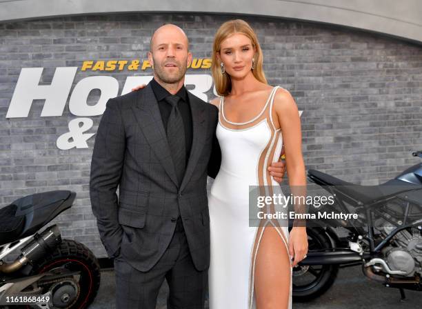 Jason Statham and Rosie Huntington-Whiteley arrive at the premiere of Universal Pictures' "Fast & Furious Presents: Hobbs & Shaw" at Dolby Theatre on...