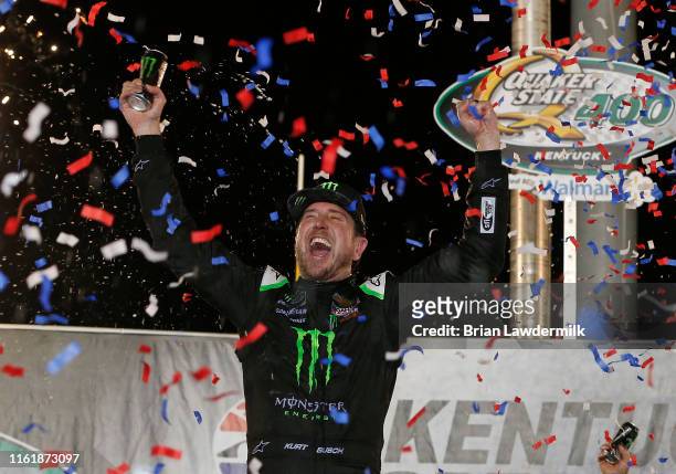 Kurt Busch, driver of the Monster Energy Chevrolet, celebrates in Victory Lane after winning the Monster Energy NASCAR Cup Series Quaker State 400...