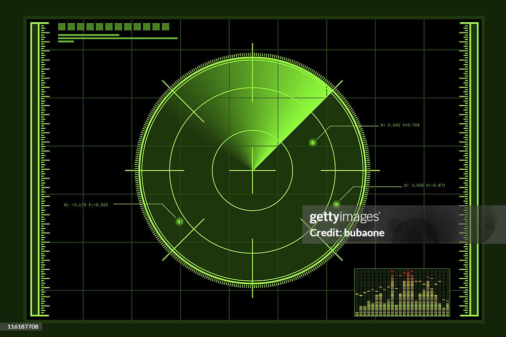 Green radar logo over rectangular grid, with audio bar graph