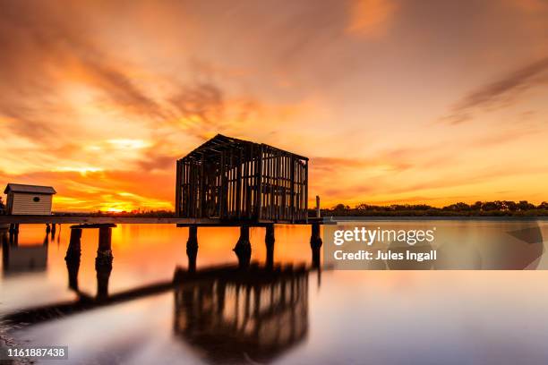 old abandoned jetty at sunset - sunshine coast australia stock pictures, royalty-free photos & images