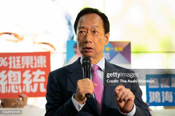 Hon Hai Precision CEO Terry Gou speaks during a press conference after the company's shareholders meeting on June 21, 2019 in New Taipei City, Taiwan.