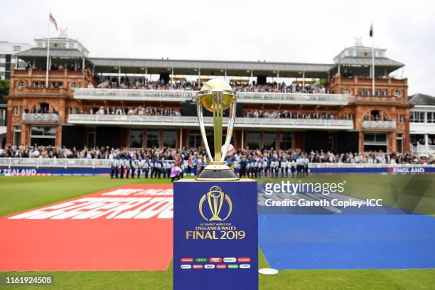 General view of the Cricket World Cup Trophy during the Final of the ICC Cricket World Cup 2019 between New Zealand and England at Lord's Cricket...
