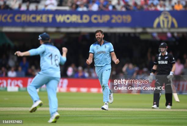 Liam Plunkett of England celebrates after taking the wicket of Kane Williamson of New Zealand during the Final of the ICC Cricket World Cup 2019...