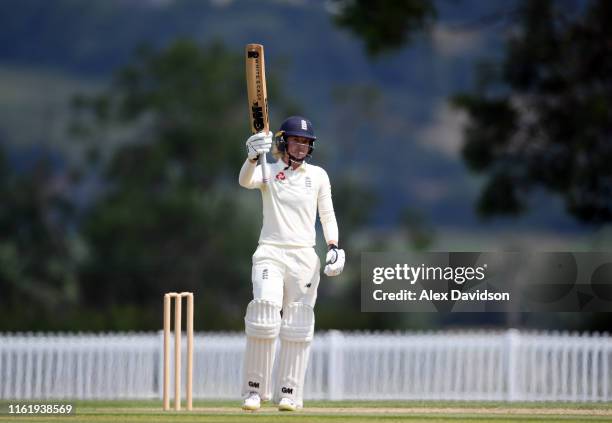 Sarah Taylor of England celebrates reaching her fifty during Day Three of the International Friendly match between England Women and Australia A...