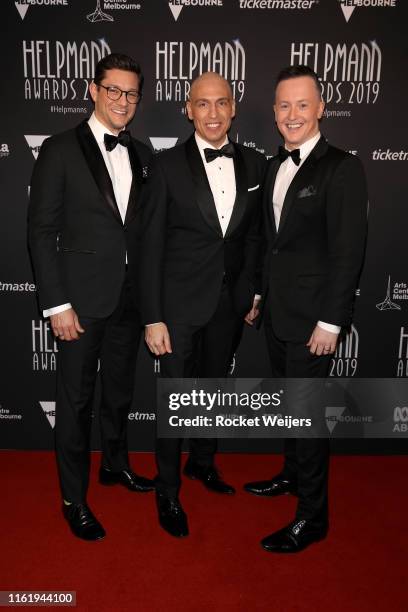 Rob Mills, Michael Falzon and Matt Lee attends the 19th Annual Helpmann Awards Act I at Arts Centre Melbourne on July 14, 2019 in Melbourne,...