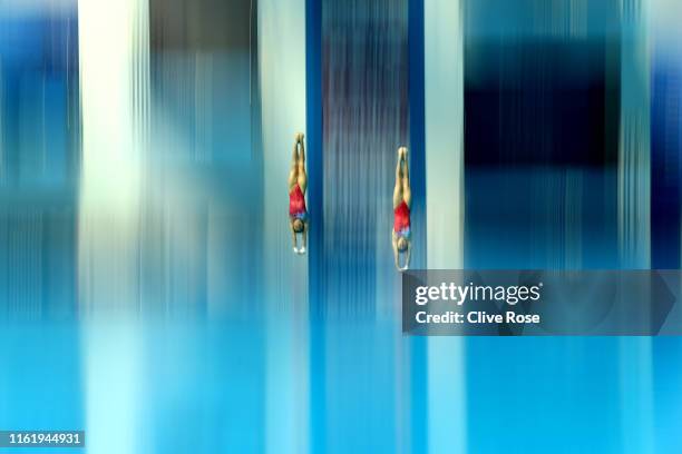 Wei Lu and Jiaqi Zhang of China compete in the Women's 10m Synchro Platform Final on day three of the Gwangju 2019 FINA World Championships at Nambu...