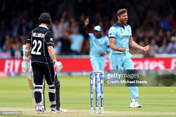 Liam Plunkett of England celebrates dismissing Kane Williamson of New Zealand during the Final of the ICC Cricket World Cup 2019 between New Zealand...