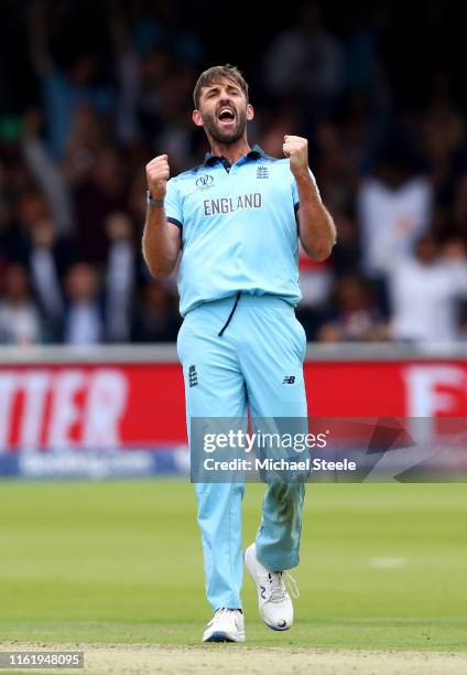 Liam Plunkett of England celebrates dismissing Jimmy Neesham of New Zealand during the Final of the ICC Cricket World Cup 2019 between New Zealand...