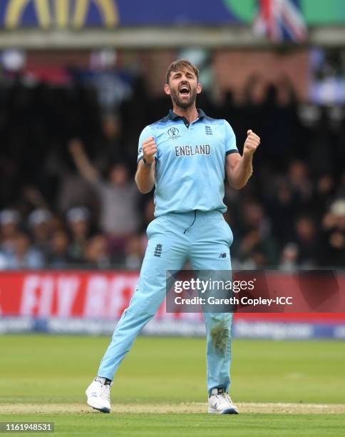 Liam Plunkett of England celebrates after taking the wicket of Jimmy Neesham of New Zealand during the Final of the ICC Cricket World Cup 2019...