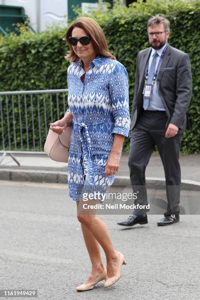 Carol Middleton attends Men's Final Day at the Wimbledon 2019 Tennis Championships at All England Lawn Tennis and Croquet Club on July 14, 2019 in...