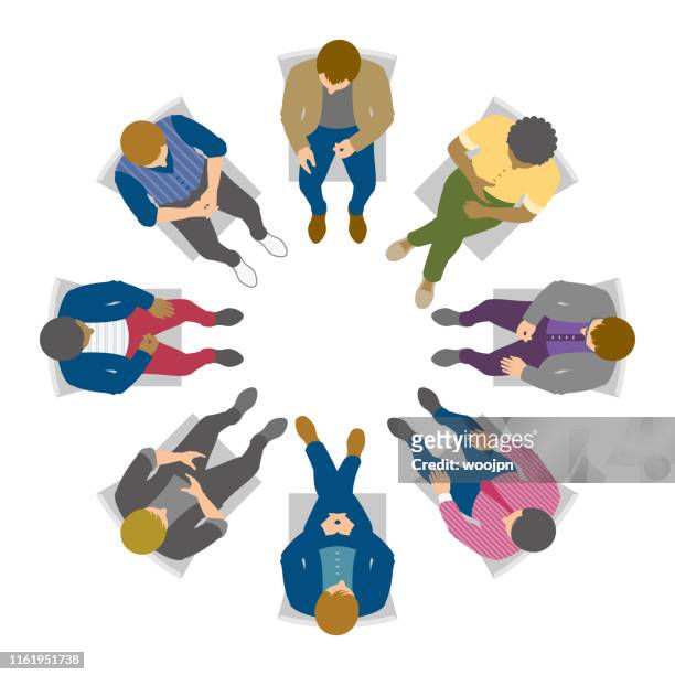 overhead view of men in circle discussion - small group of people stock illustrations