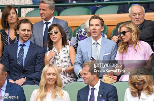 Tom Hiddleston, Sophie Hunter, Benedict Cumberbatch and Katherine Jenkins attend Men's Finals Day of the Wimbledon Tennis Championships at All...