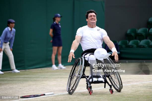 Gustavo Fernandez of Argentina celebrates match point in his Men's Wheelchair Singles Final match against Shingo Kunieda of Japan during Day thirteen...